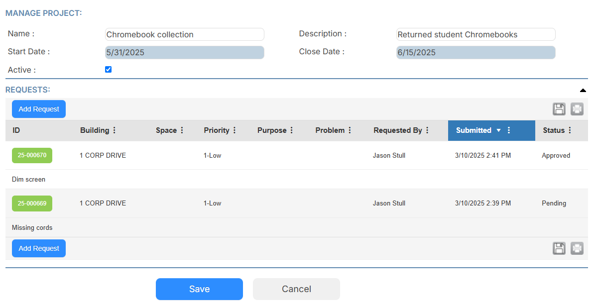 Manage project with requests showing.